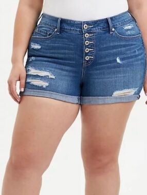 Torrid Size 24 Perfect High-Rise Distressed Button Fly Denim Shorts Vintage Wash